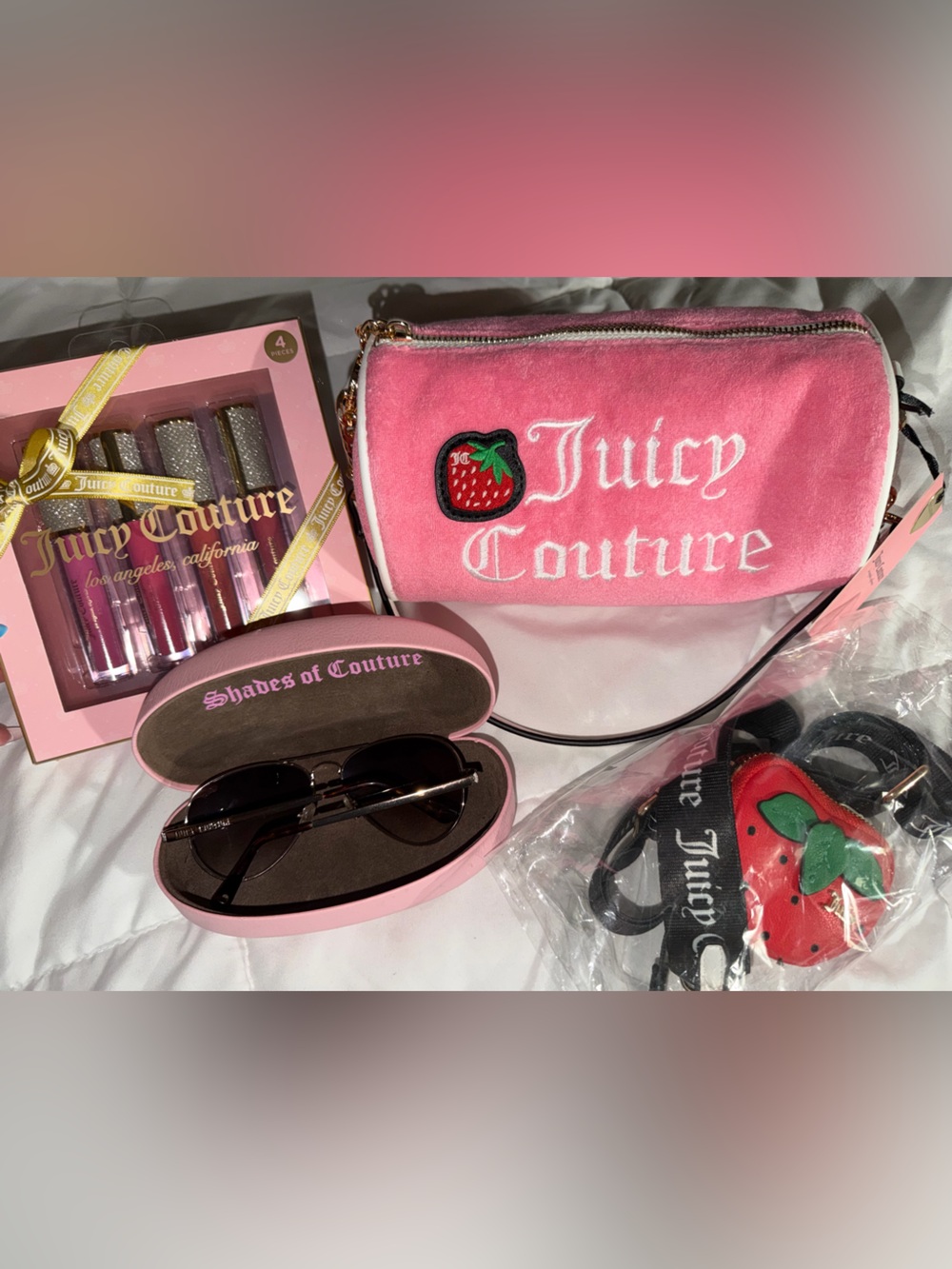 Juicy Couture Sunglasses, Barrel Bag Strawberry Coin Pouch & Lip glosses set